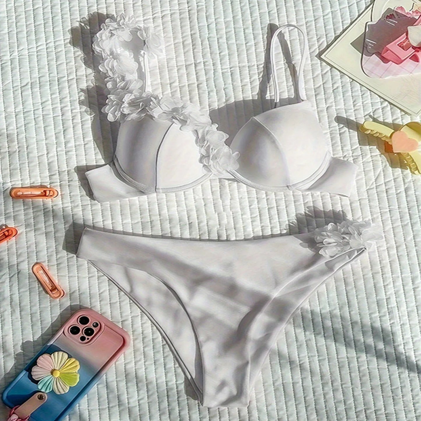 Sexy White Flower Push Up Bikini