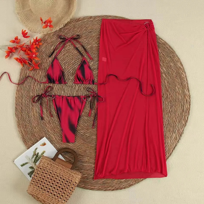 Gradient Print Hollow Out Beach Three Piece Set