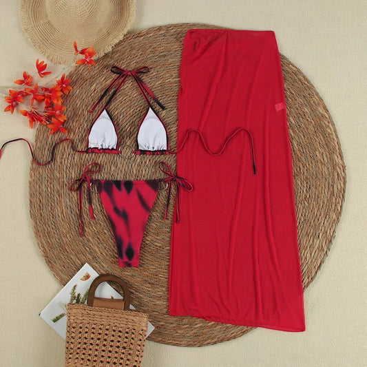 Gradient Print Hollow Out Beach Three Piece Set